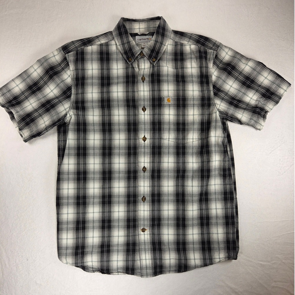 Carhartt Men's Button Down Collared Short Sleeve Black White Gray Plaid Shirt M